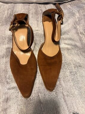 Franco Sarto Brown Suede Pointed Toe Wedge Sandals